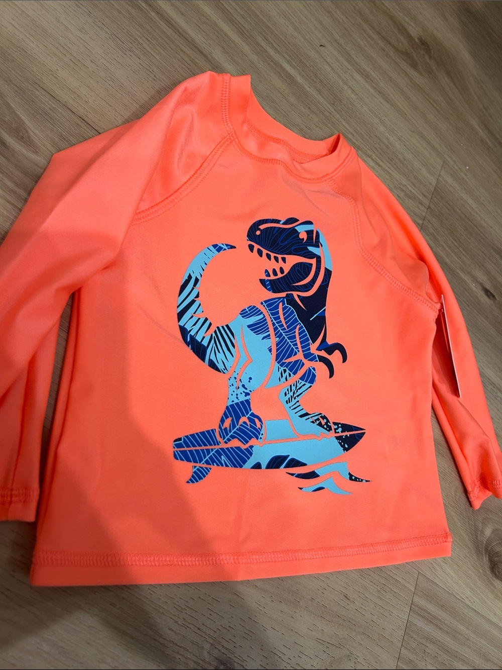jumping beans Neon Orange Long Sleeve Rashguard with Blue Surfing Dinosaur